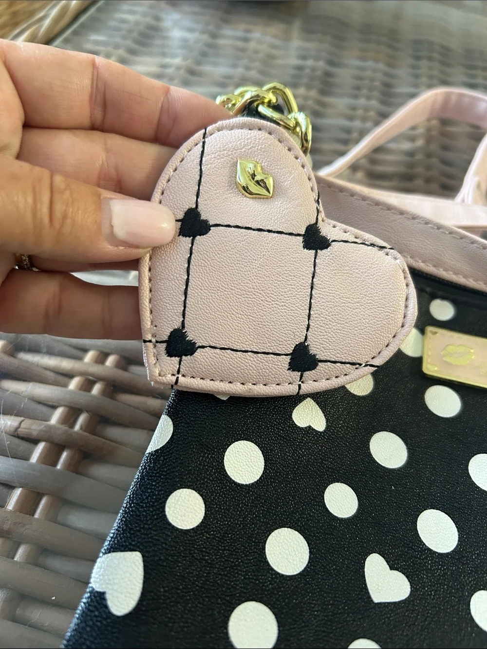 Betsey Johnson Black Polka Dot & Heart Crossbody with Pink Strap